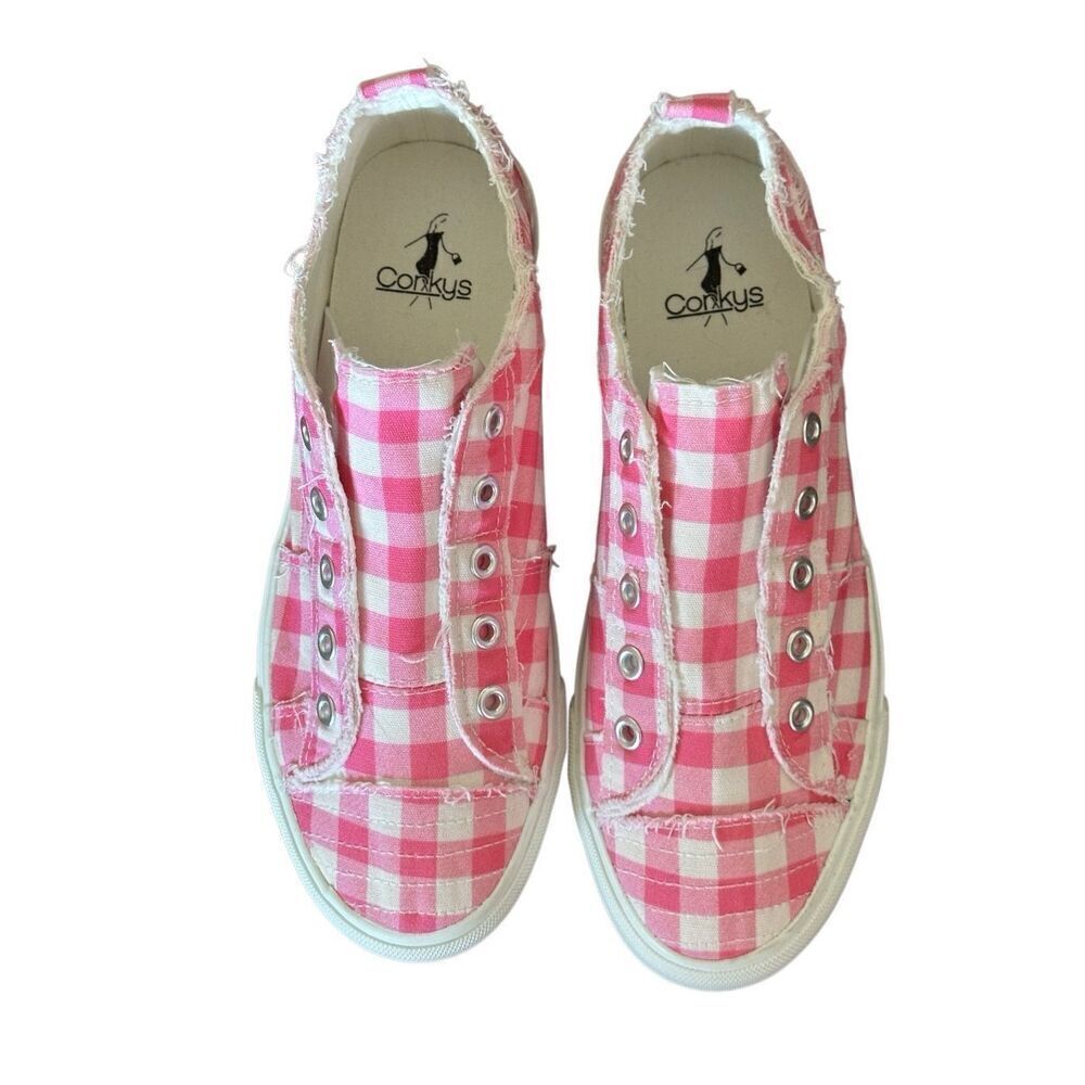 Corkys NEW Babalu Pink & White Gingham Print Slip On Sneakers Size 8